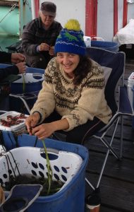 Pacific Institute of Climate Solutions summer intern and UBC student Maya Guttmann tying eelgrass bundles for planting with the shore crew.
