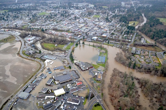 An aerial view of the last major flood in Courtenay— image credit: Comox Valley Echo File photo